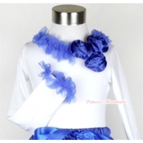 White Long Sleeves Top with Bunch Of Royal Blue Satin Rosettes & Royal Blue Lacing T288 