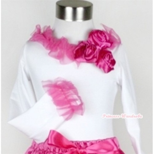 White Long Sleeves Top with Bunch Of Hot Pink Satin Rosettes & Hot Pink Lacing T289 