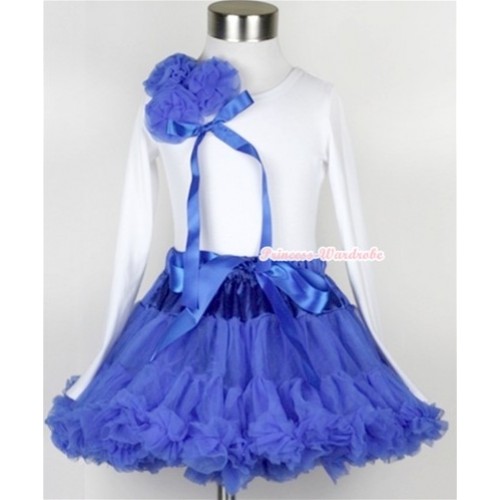Royal Blue Pettiskirt with Matching White Long Sleeve Top with Bunch of Royal Blue Rosettes& Royal Blue Bow MW158 
