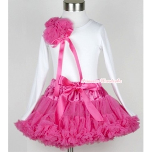 Hot Pink Pettiskirt with Matching White Long Sleeve Top with Bunch of Hot Pink Rosettes& Hot Pink Bow MW160 