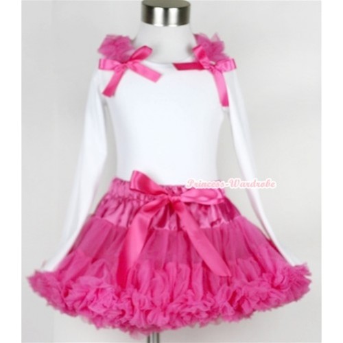 Hot Pink Pettiskirt with Matching White Long Sleeve Top with Hot Pink Ruffles & Hot Pink Bow MW167 