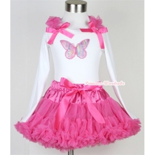 Hot Pink Pettiskirt with Rainbow Butterfly Print White Long Sleeve Top with Hot Pink Ruffles & Hot Pink Bow MW170 