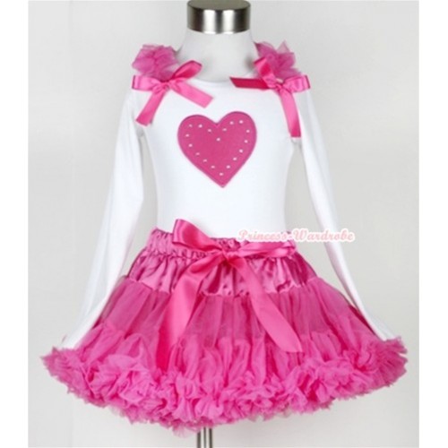 Hot Pink Pettiskirt with Hot Pink Heart Print White Long Sleeve Top with Hot Pink Ruffles & Hot Pink Bow MW171 