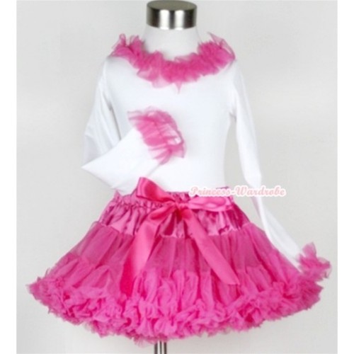 Hot Pink Pettiskirt with White Long Sleeves Top with Hot Pink Lacing MW173 