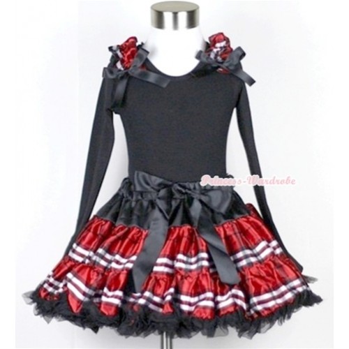 Red Black Checked Pettiskirt with Matching Black Long Sleeve Top with Red Black Checked Ruffles & Black Bow MW141 