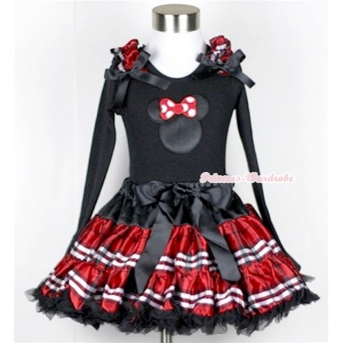 Red Black Checked Pettiskirt with Minnie Print Black Long Sleeve Top with Red Black Checked Ruffles & Black Bow MW144 