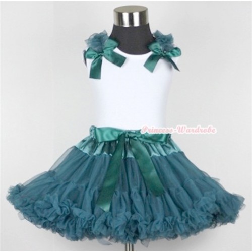 White Tank Top With Teal Green Ruffles & Teal Green Bows With Teal Green Pettiskirt MN096 