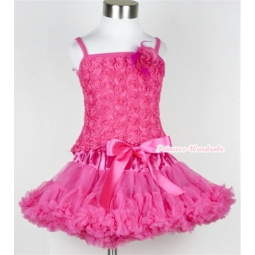 Hot Pink Romantic Rose Strap Pettitop With Hot Pink Feather Rosettes With Hot Pink Pettiskirt MR217 