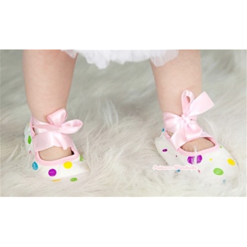 White Rainbow Polka Dots Crib Shoes with Light Pink Ribbon S491 