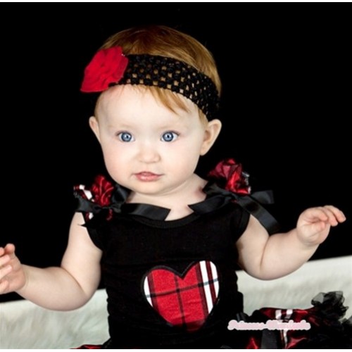 Black Tank Top With Red Black Checked Heart Print with Red Black Checked Ruffles & Black Bow TB268 