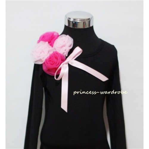 Black Long Sleeve Top with Bunch of Hot Light Pink Rosettes and Pink Bow TB70 