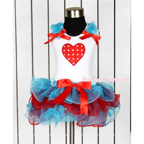 Valentine's Day White Tank Top With Peacock Blue Ruffles & Red Bow & Red White Dots Heart Print With Red Bow Peacock Blue Red Petal Pettiskirt MG1021 