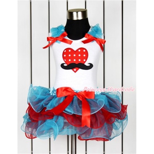 Valentine's Day White Tank Top With Peacock Blue Ruffles & Red Bow & Mustache Red White Dots Heart Print With Red Bow Peacock Blue Red Petal Pettiskirt MG1022 