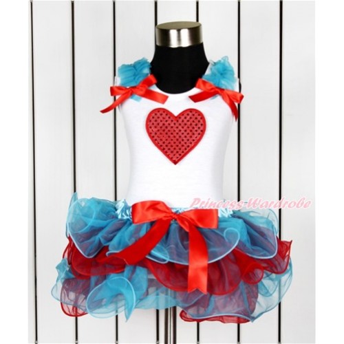 Valentine's Day White Tank Top With Peacock Blue Ruffles & Red Bow & Sparkle Red Heart Print With Red Bow Peacock Blue Red Petal Pettiskirt MG1023 