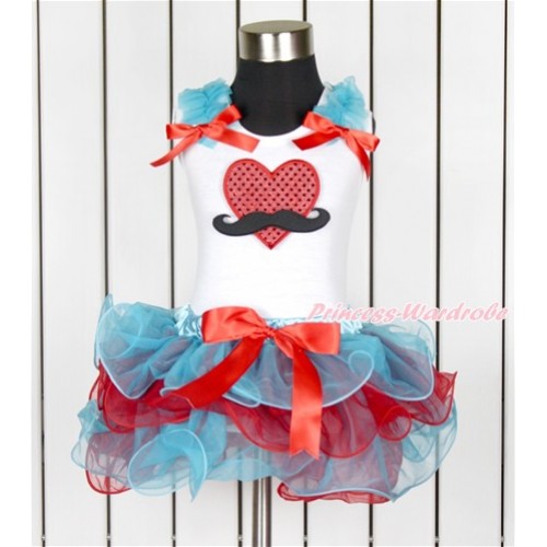 Valentine's Day White Tank Top With Peacock Blue Ruffles & Red Bow & Mustache Sparkle Red Heart Print With Red Bow Peacock Blue Red Petal Pettiskirt MG1024 