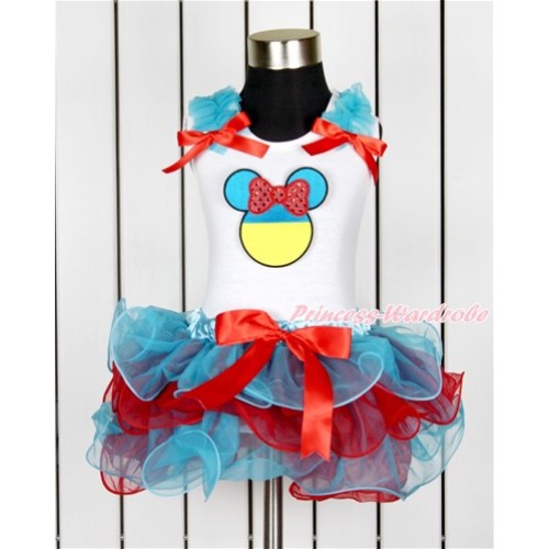 World Cup White Tank Top With Peacock Blue Ruffles & Red Bow & Sparkle Red Ukraine Minnie Print With Red Bow Peacock Blue Red Petal Pettiskirt MG1025 