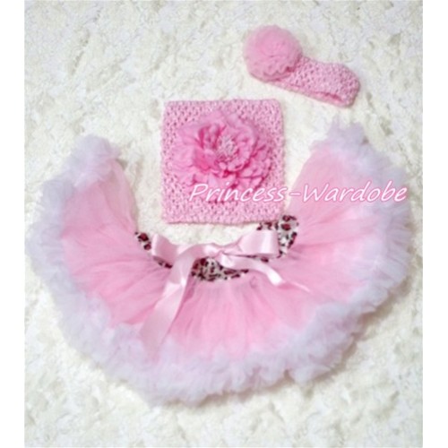 Pink White Leopard Waist Baby Pettiskirt, Pink Peony Pink Crochet Tube Top, Pink Rose Headband 3PC Set CT148 