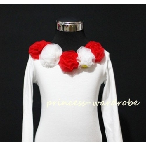 White Long Sleeves Tops with Red White Rosettes T25 
