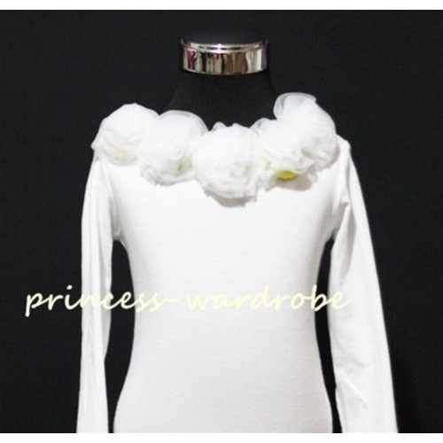 White Long Sleeves Tops with White Rosettes T26 