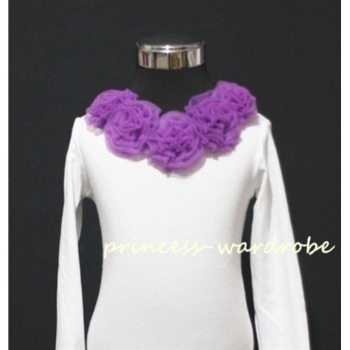White Long Sleeves Tops with Dark Purple Rosettes T34 