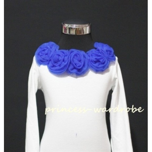 White Long Sleeves Tops with Royal Blue Rosettes T36 