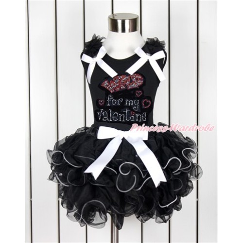 Valentine's Day Black Tank Top With Black Ruffles & White Bows & Sparkle Crystal Bling Rhinestone Wild for my Valentine Print With White Bow Black Petal Pettiskirt MG1036 