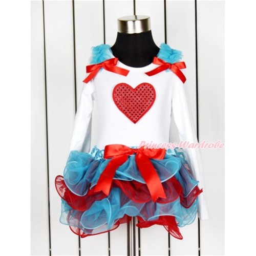 Valentine's Day White Long Sleeve Top with Peacock Blue Ruffles & Red Bow & Sparkle Red Heart Print with Matching Red Bow Peacock Blue Red Petal Pettiskirt MW443 