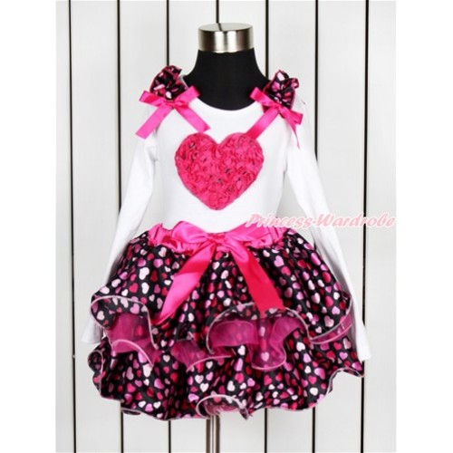 Valentine's Day White Long Sleeve Top with Hot Light Pink Heart Ruffles & Hot Pink Bow & Hot Pink Rosettes Heart Print with Matching Hor Pink Bow  Hot Pink Hot Light Pink Heart Petal Pettiskirt MW446 