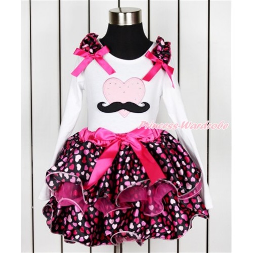 Valentine's Day White Long Sleeve Top with Hot Light Pink Heart Ruffles & Hot Pink Bow & Mustache Light Pink Heart Print with Matching Hor Pink Bow  Hot Pink Hot Light Pink Heart Petal Pettiskirt MW451 