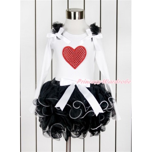 Valentine's Day White Long Sleeve Top with Black Ruffles & White Bow & Sparkle Red Heart Print with Matching White Bow Black Petal Pettiskirt MW457 