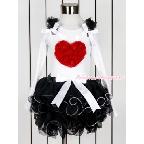 Valentine's Day White Long Sleeve Top with Black Ruffles & White Bow & Red Rosettes Heart Print with Matching White Bow Black Petal Pettiskirt MW458 