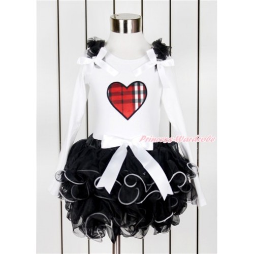 Valentine's Day White Long Sleeve Top with Black Ruffles & White Bow & Red Black Checked Heart Print with Matching White Bow Black Petal Pettiskirt MW461 