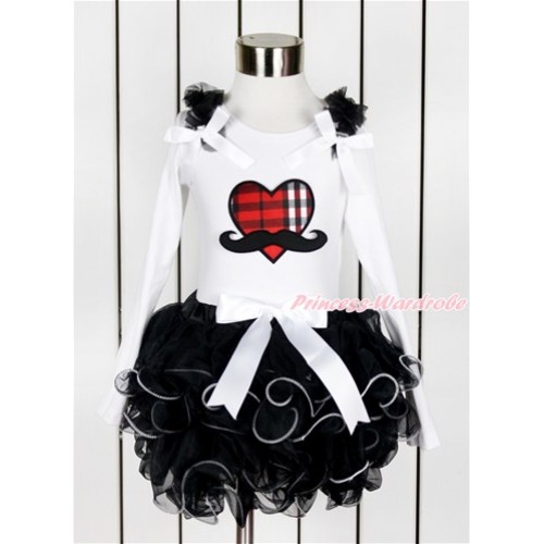 Valentine's Day White Long Sleeve Top with Black Ruffles & White Bow & Mustache Red Black Checked Heart Print with Matching White Bow Black Petal Pettiskirt MW462 