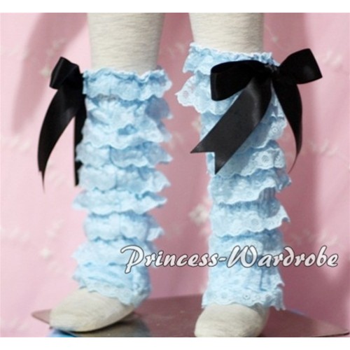 Baby Light Blue Lace Leg Warmers Leggings with Black Ribbon LG89 