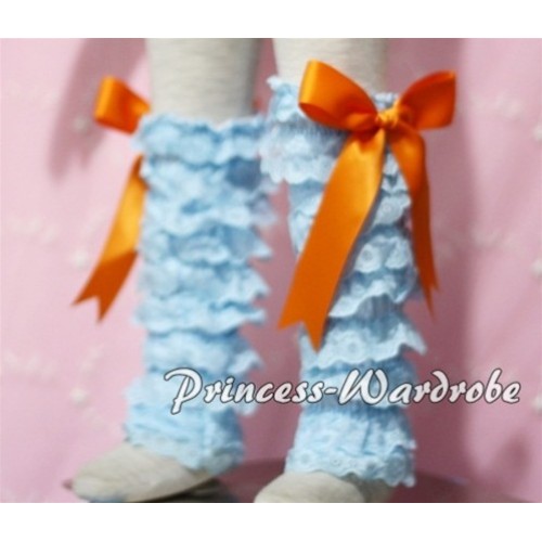 Baby Light Blue Lace Leg Warmers Leggings with Orange Ribbon LG93 