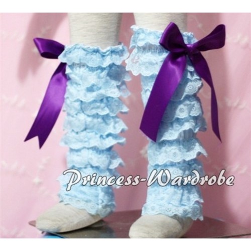 Baby Light Blue Lace Leg Warmers Leggings with Dark Purple Ribbon LG94 