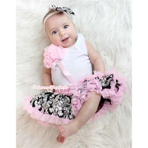 White Baby Pettitop with Bunch of Light Pink Rosettes &Light Pink Bow with Light Pink Damask Newborn Pettiskirt NG1130 