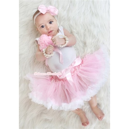 White Baby Pettitop with Bunch of Light Pink Rosettes &Light Pink Bow with Light Pink White Newborn Pettiskirt NG1131 