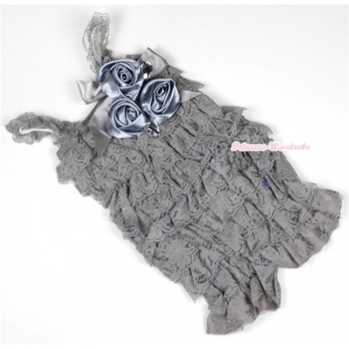 Silver Grey Lace Ruffles Petti Rompers With Straps With Big Bow & Bunch Of Satin Rosettes& Crystal LR138 