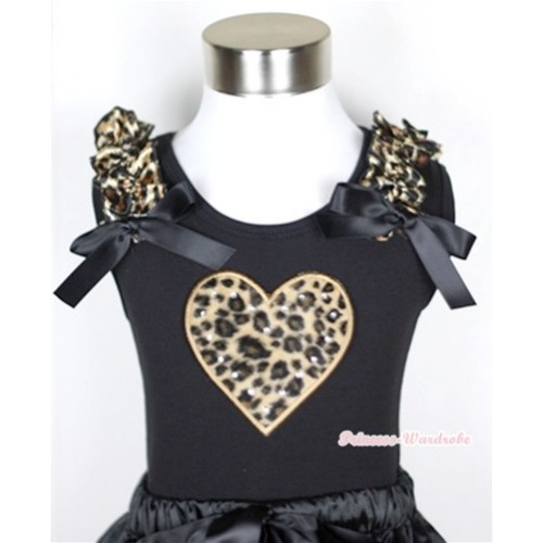 Black Tank Top With Leopard Heart Print with Leopard Ruffles & Black Bow TB271 