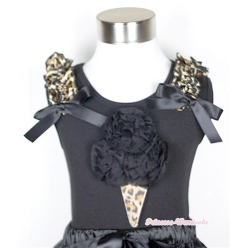 Black Tank Top With Black Rosettes Leopard Ice Cream Print with Leopard Ruffles & Black Bow TB275 