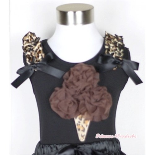 Black Tank Top With Brown Rosettes Leopard Ice Cream Print with Leopard Ruffles & Black Bow TB276 