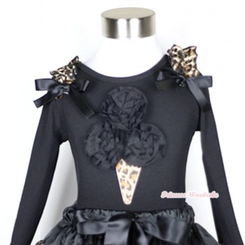 Black Long Sleeves Top with Black Rosettes Leopard Ice Cream Print With Leopard Ruffles & Black Bow TB97 