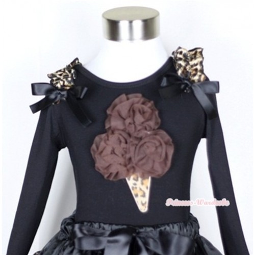 Black Long Sleeves Top with Brown Rosettes Leopard Ice Cream Print With Leopard Ruffles & Black Bow TB98 