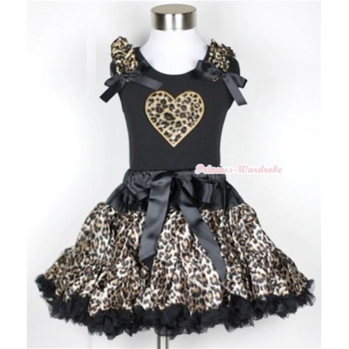 Black Tank Top with Leopard Heart Print with Leopard Ruffles & Black Bow With Black Leopard Pettiskirt MW179 