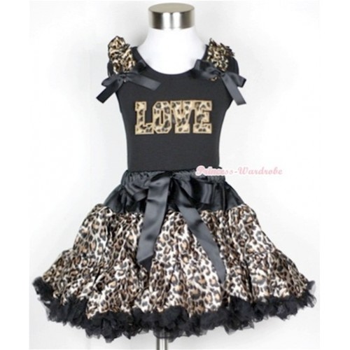 Black Tank Top with Leopard Love Print with Leopard Ruffles & Black Bow With Black Leopard Pettiskirt MW180 