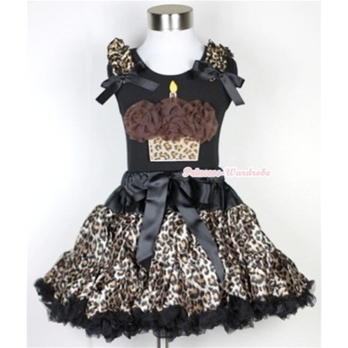 Black Tank Top with Brown Rosettes Leopard Birthday Cake Print with Leopard Ruffles & Black Bow With Black Leopard Pettiskirt MW181 