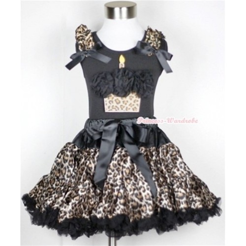 Black Tank Top with Black Rosettes Leopard Birthday Cake Print with Leopard Ruffles & Black Bow With Black Leopard Pettiskirt MW182 