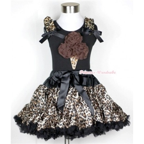 Black Tank Top with Brown Rosettes Leopard Ice Cream Print with Leopard Ruffles & Black Bow With Black Leopard Pettiskirt MW184 