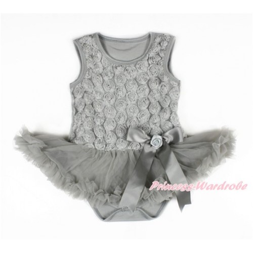 Valentine's Day Grey Romantic Rose Baby Bodysuit Jumpsuit Grey Pettiskirt & Grey Bow JS3016 